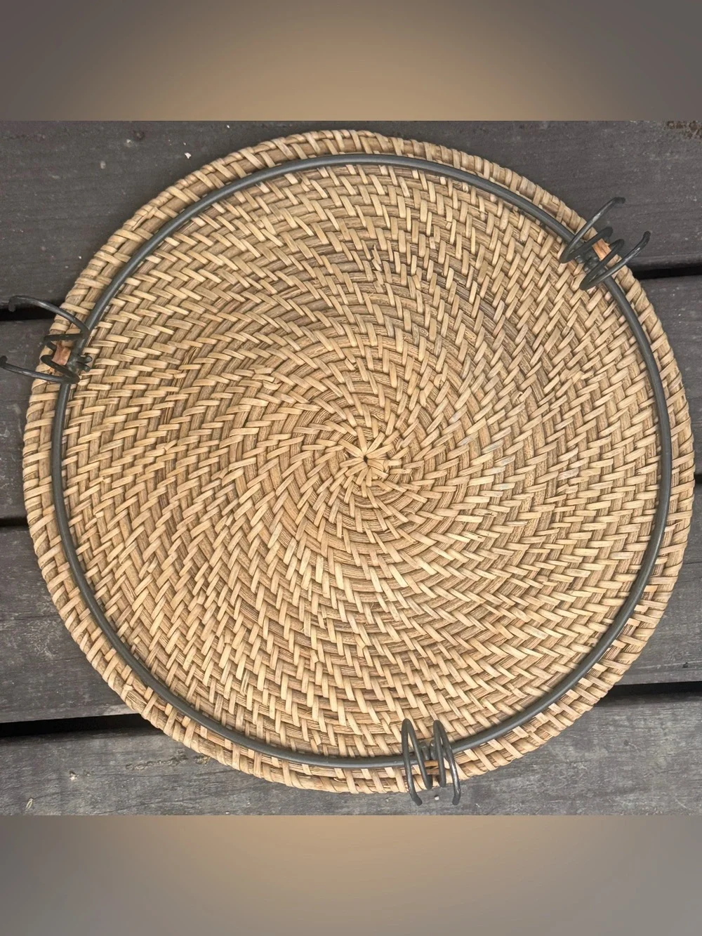 Woven Rustic Decorative Basket Tray in Natural Beige w/ Black Metal Legs